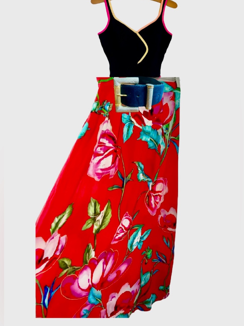 Simons Red Floral Pleated Maxi Skirt ECOVERO Viscose Boho Cottagecore
